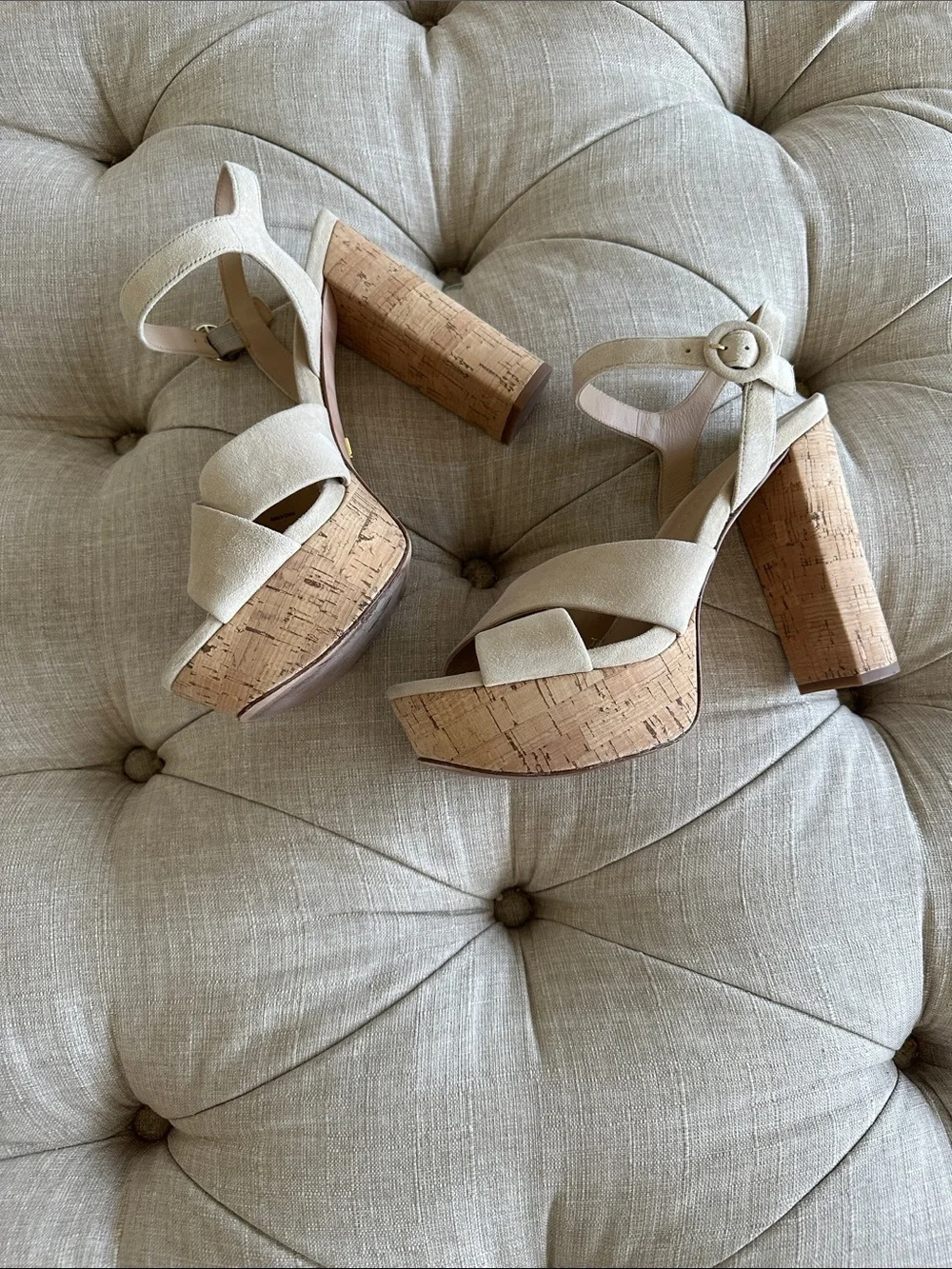 Veronica Beard Cream Suede Cork Platform Sandals